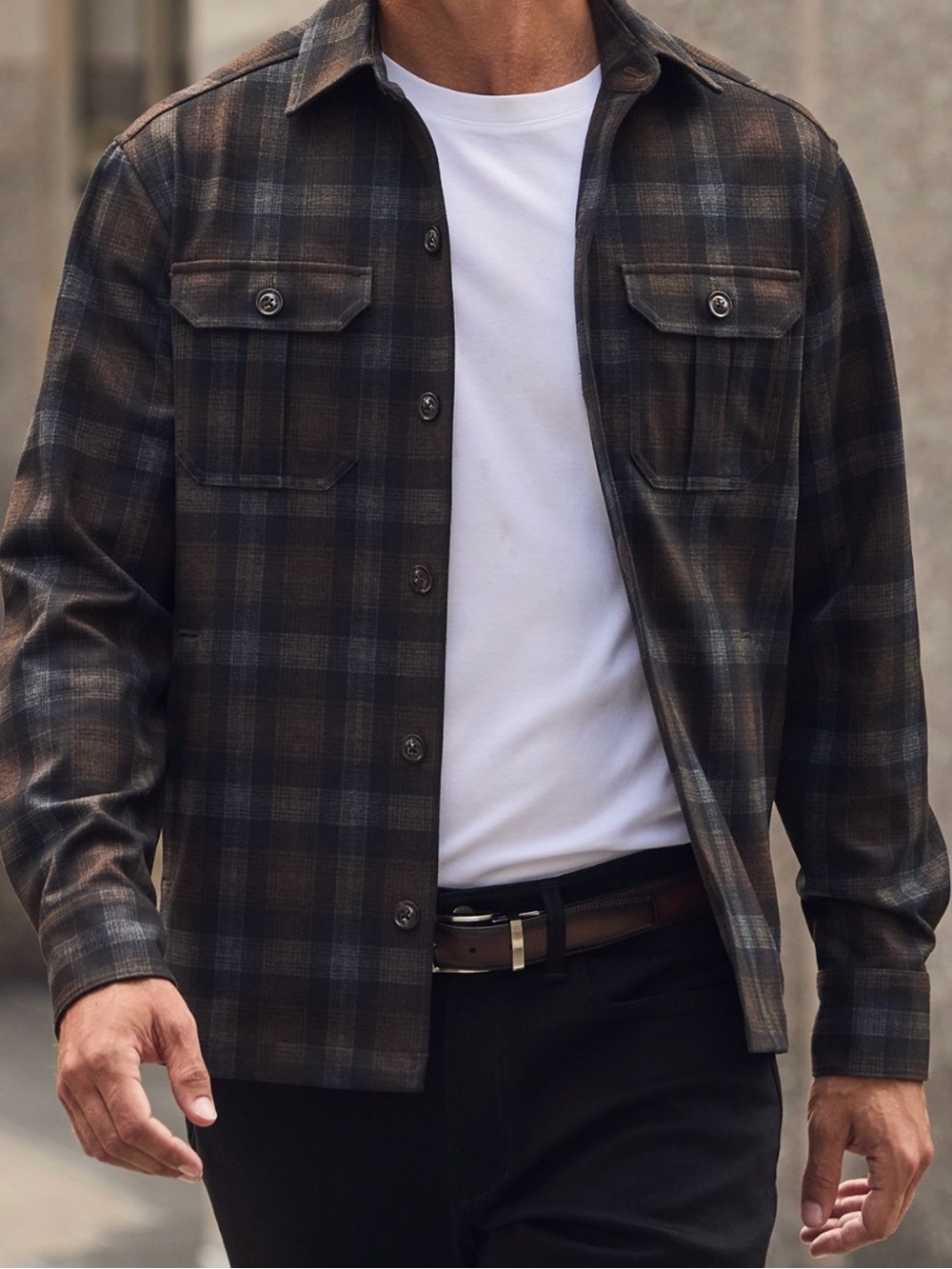 Men's Brown & Gray Plaid Shirt Jacket - Lightweight Layer